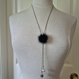 Black Pom-Pom Necklace with Long Chain